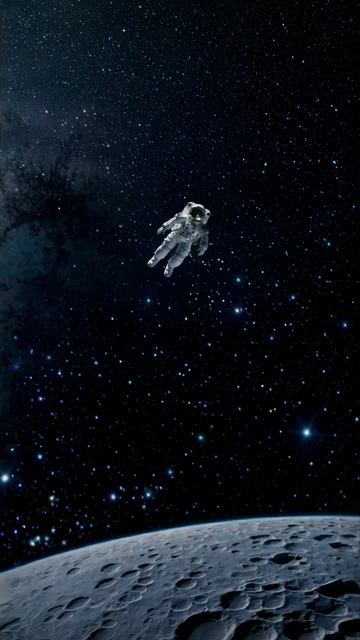 A lone astronaut floats above the moon, captured from a low-angle shot