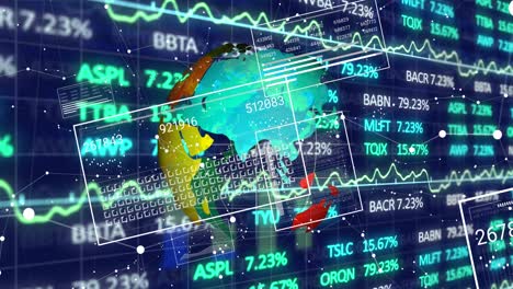 animación del mercado de valores y procesamiento de datos con globo sobre fondo negro