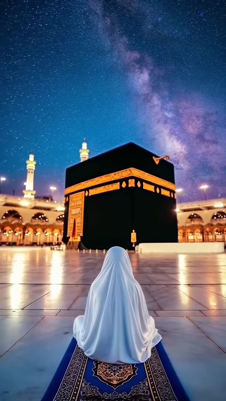 Un video dal basso cattura una serena vista notturna di una persona che prega alla Kaaba sotto un cielo stellato