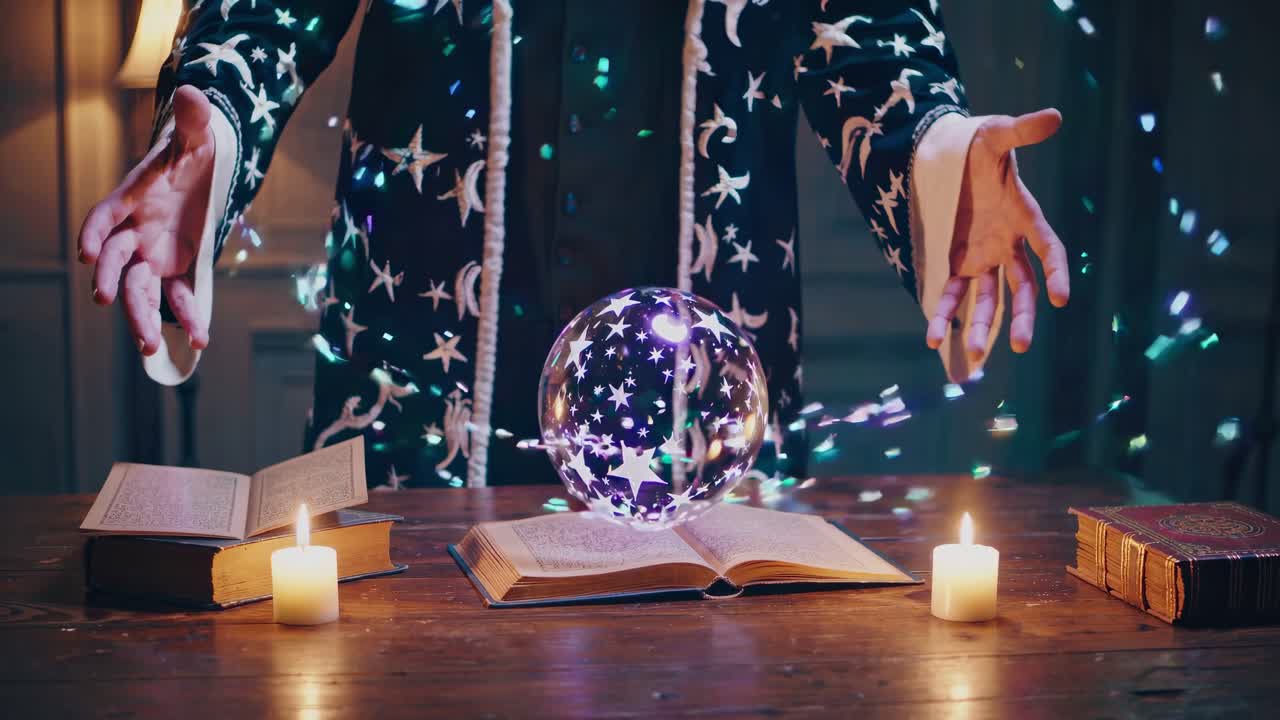 A magical scene with a wizard's hands over a glowing orb, surrounded by books and candles