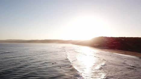 drone aerial during sunset at beach with surfers catching waves