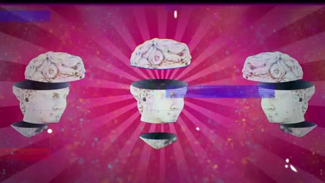 animation of three sliced antique head sculptures on pink background