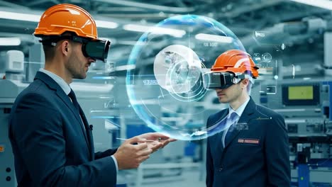 two engineers wearing vr headsets collaborating on a project in a factory