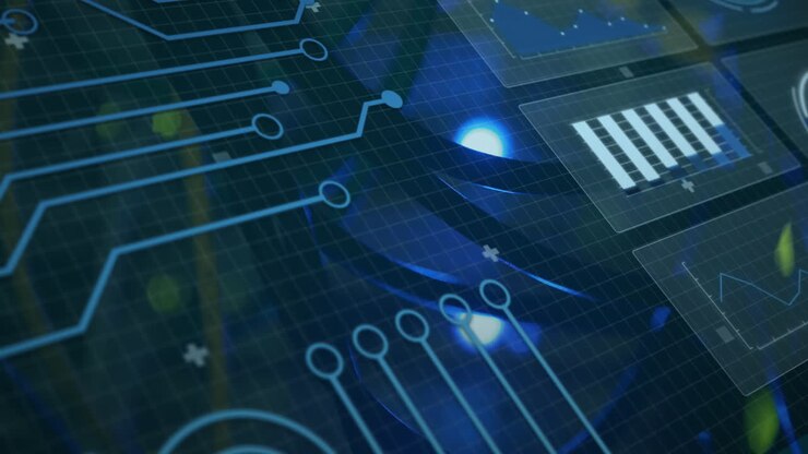 Animation of interface with data processing against close up of a computer server