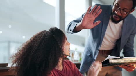 Call-center,-woman-and-man-with-high-five