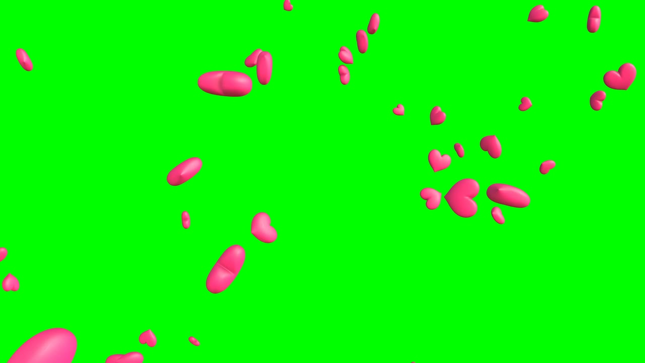 핑크 하트 모양의 추상적인 애니메이션, 녹색 크로마 키 배경.