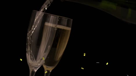 Animation-Von-Goldenem-Konfetti,-Das-über-Champagnergläser-Fällt