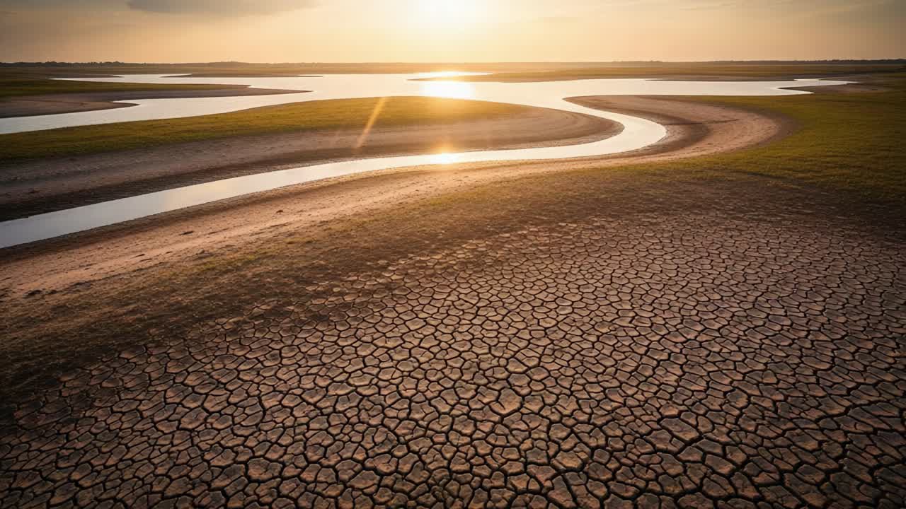 Dry Cracked Earth and Winding River at Sunset