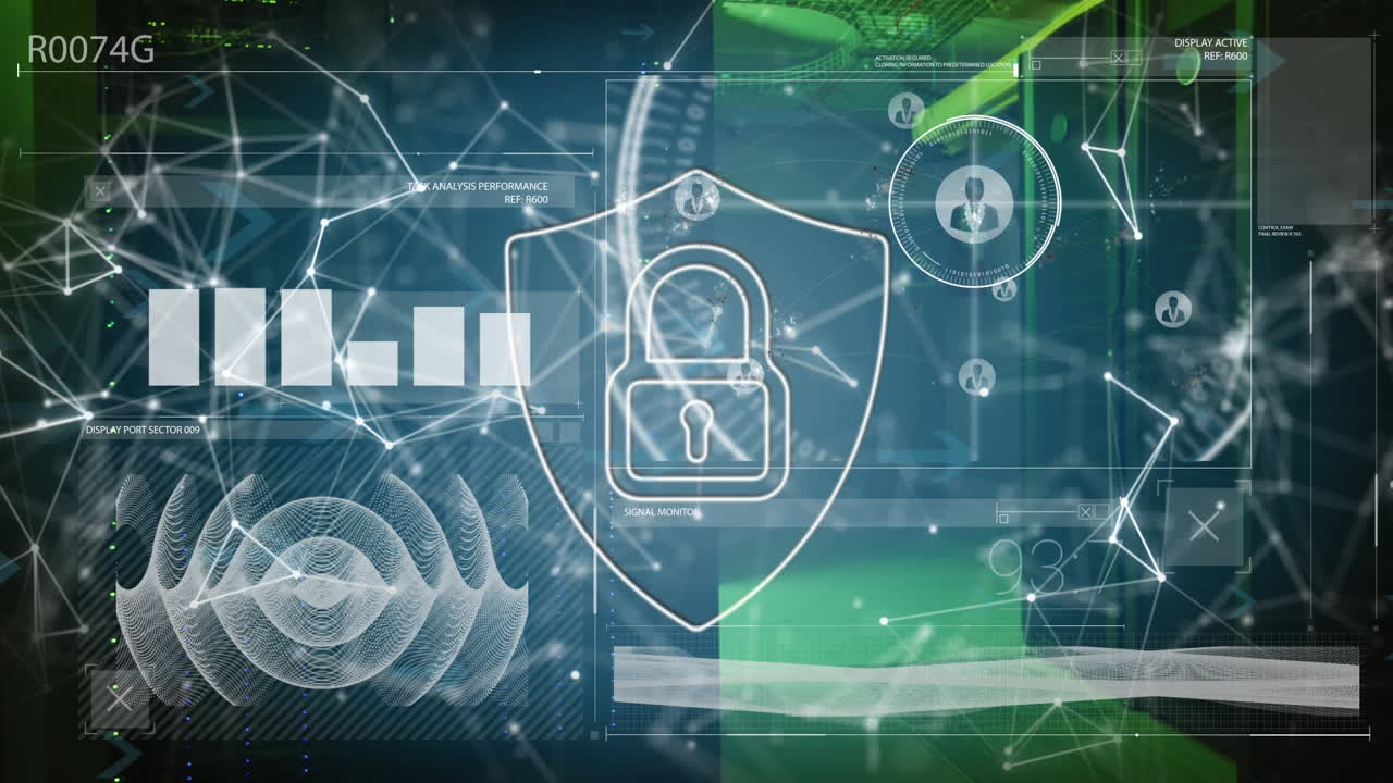 드, 점 및 프로파일 아이콘의 잠금 애니메이션, 데이터 센터를 통해 선과 그래프와 연결