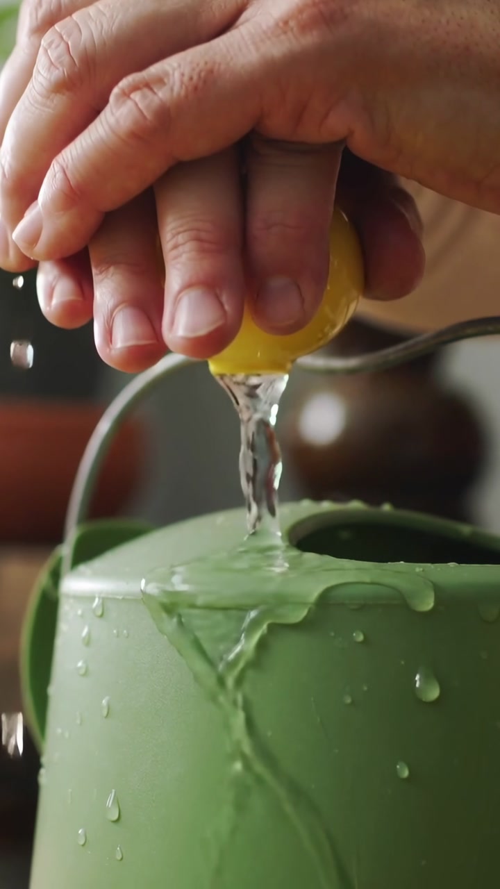 Vertical video: Pressing hands short sleeve slowly squeezing lemon into pitcher in kitchen to drink