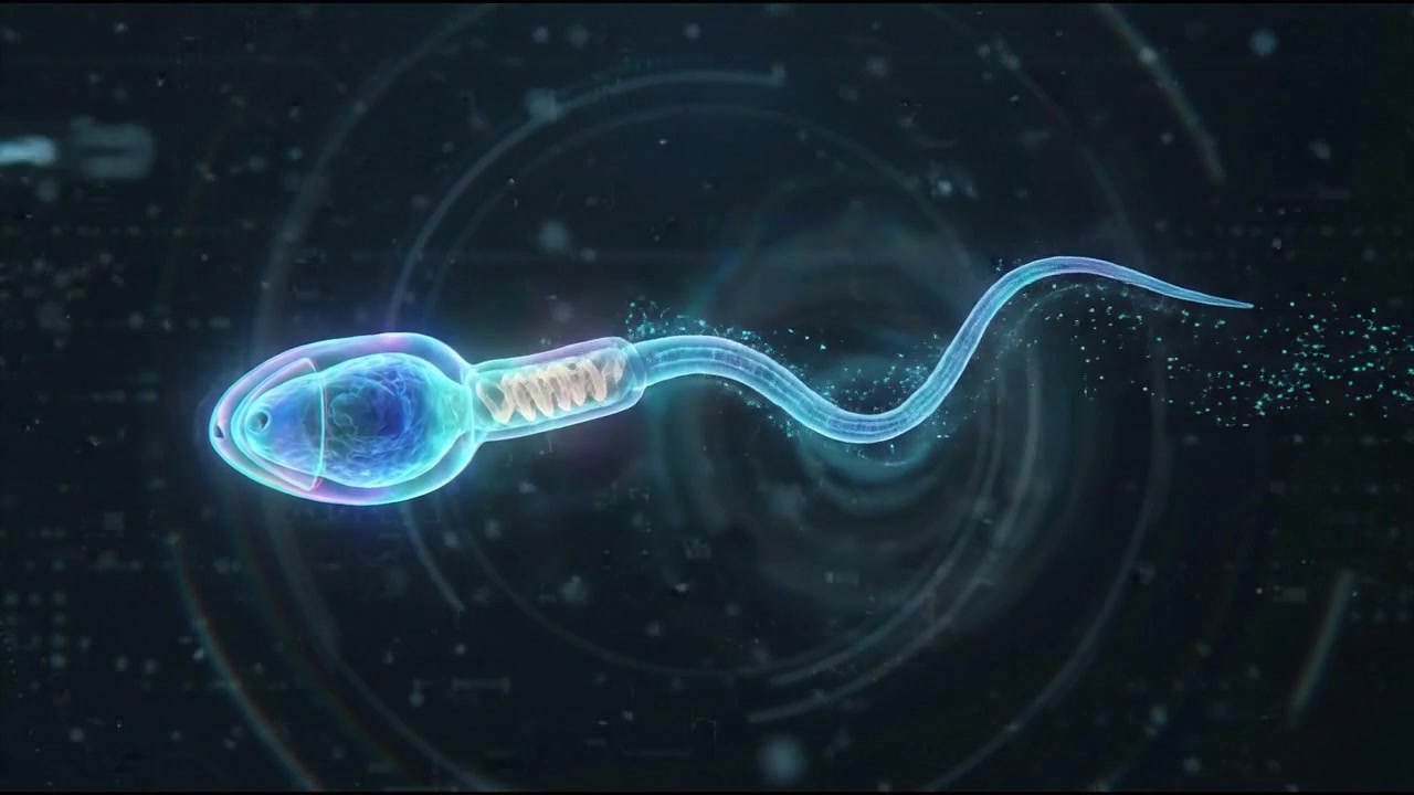 Microscopic sperm cell swimming reproduction 3D hologram