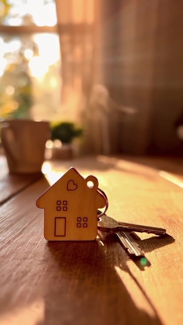 Portachiavi a forma di casa e chiavi su tavolo di legno con tazza fumante alla luce dorata