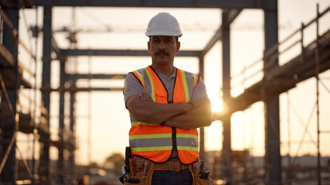 Confident Construction Worker Overseeing Site Progress During Sunset, Wearing Safety Gear, Standing with Arms Crossed in a Constructed Environment