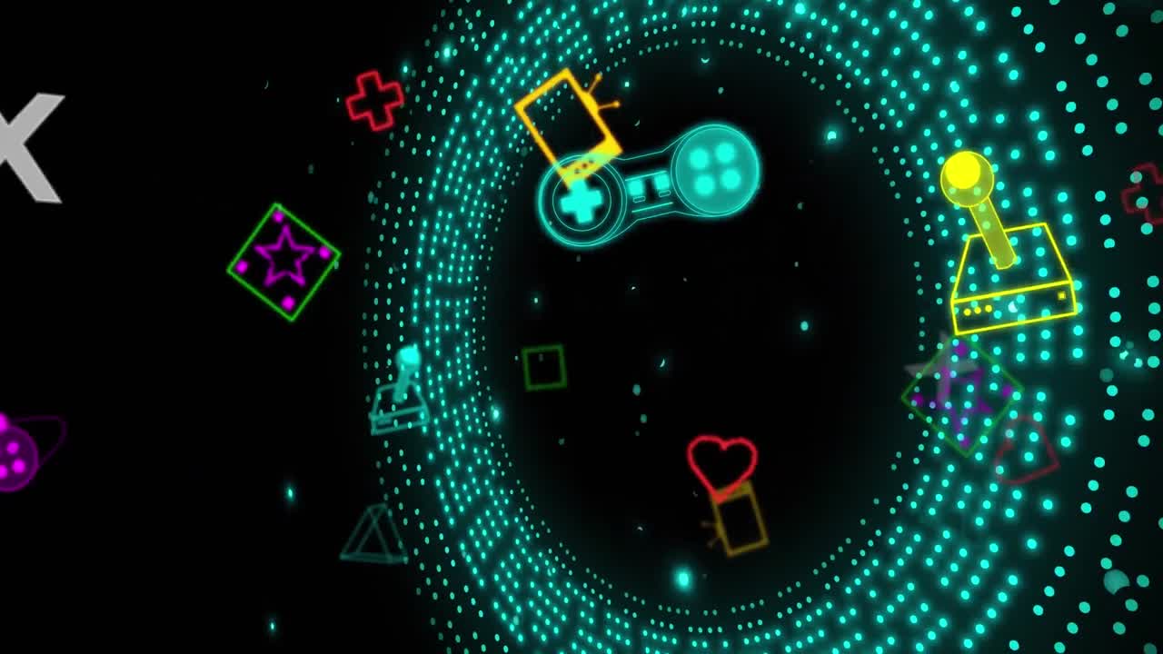 박이는 파란 빛 패턴 위에 게임 아이콘의 애니메이션