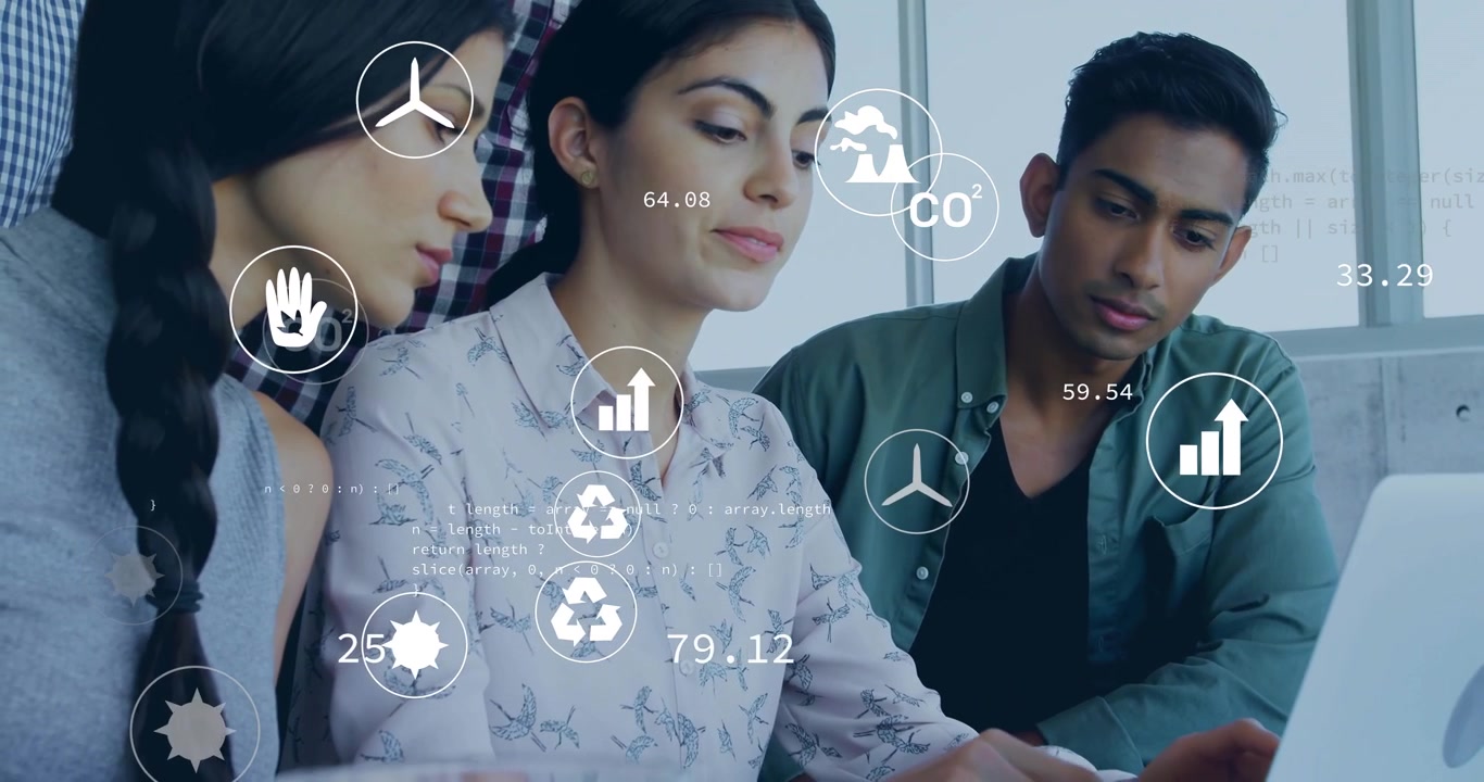 Animation of eco icons and data processing over diverse business people in office