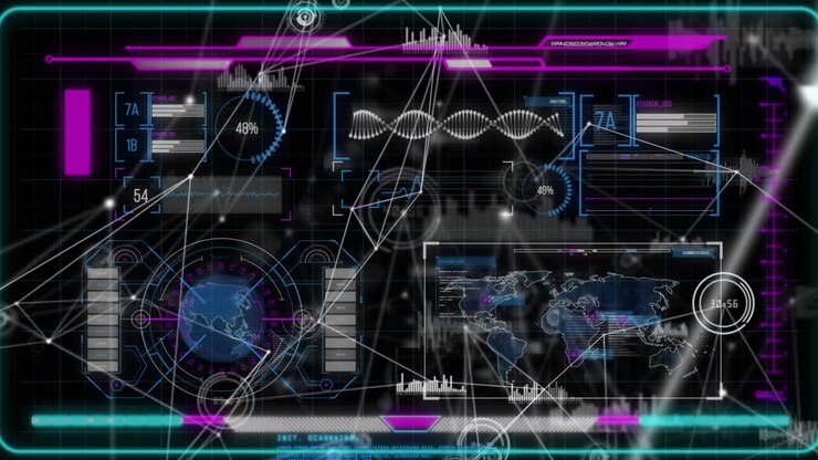 Animation of networks of connections and data processing over screen