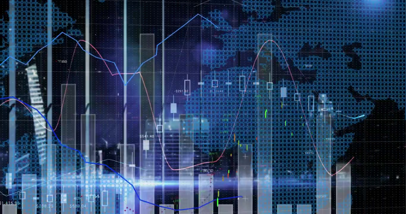 Animazione di elaborazione dati statistici su mappa del mondo, con paesaggio urbano notturno sullo sfondo.