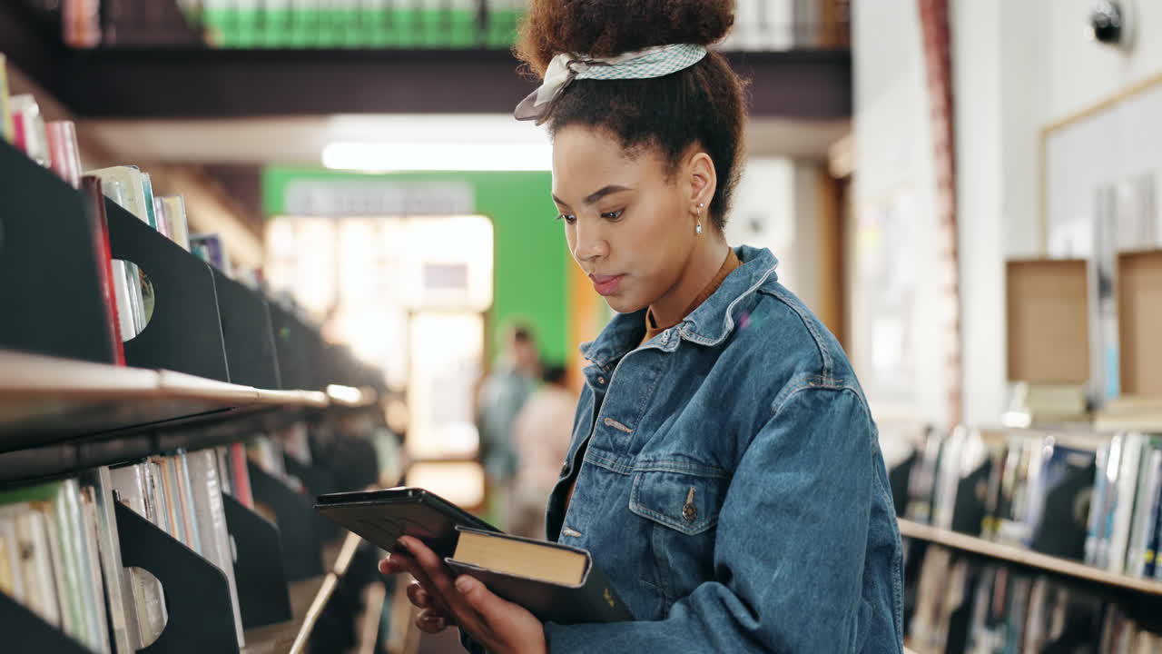 mujer joven estudiando en la biblioteca con una tableta