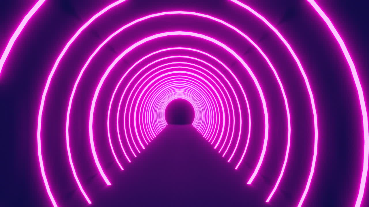 Moving through a tunnel of concetric pink neon arcs pulsating on a black background