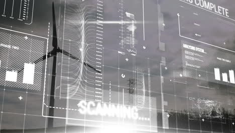 animation of interface with data processing against spinning windmill against grey sky