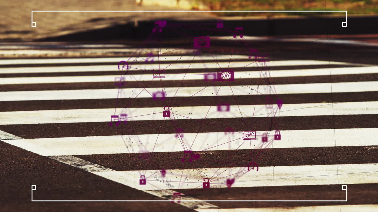 Animation of digital icons and connections over urban crosswalk at night