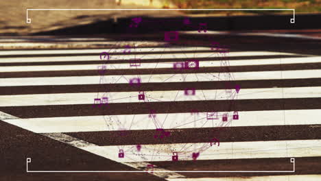 animation of digital icons and connections over urban crosswalk at night