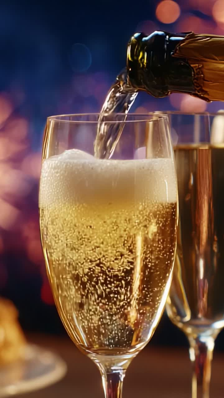 A Celebration of Sparkling Elegance: Pouring Champagne into Flutes During a Festive Occasion with a Dazzling Background of Bokeh Lights and Fireworks, Reflecting Joy and Cheerfulness