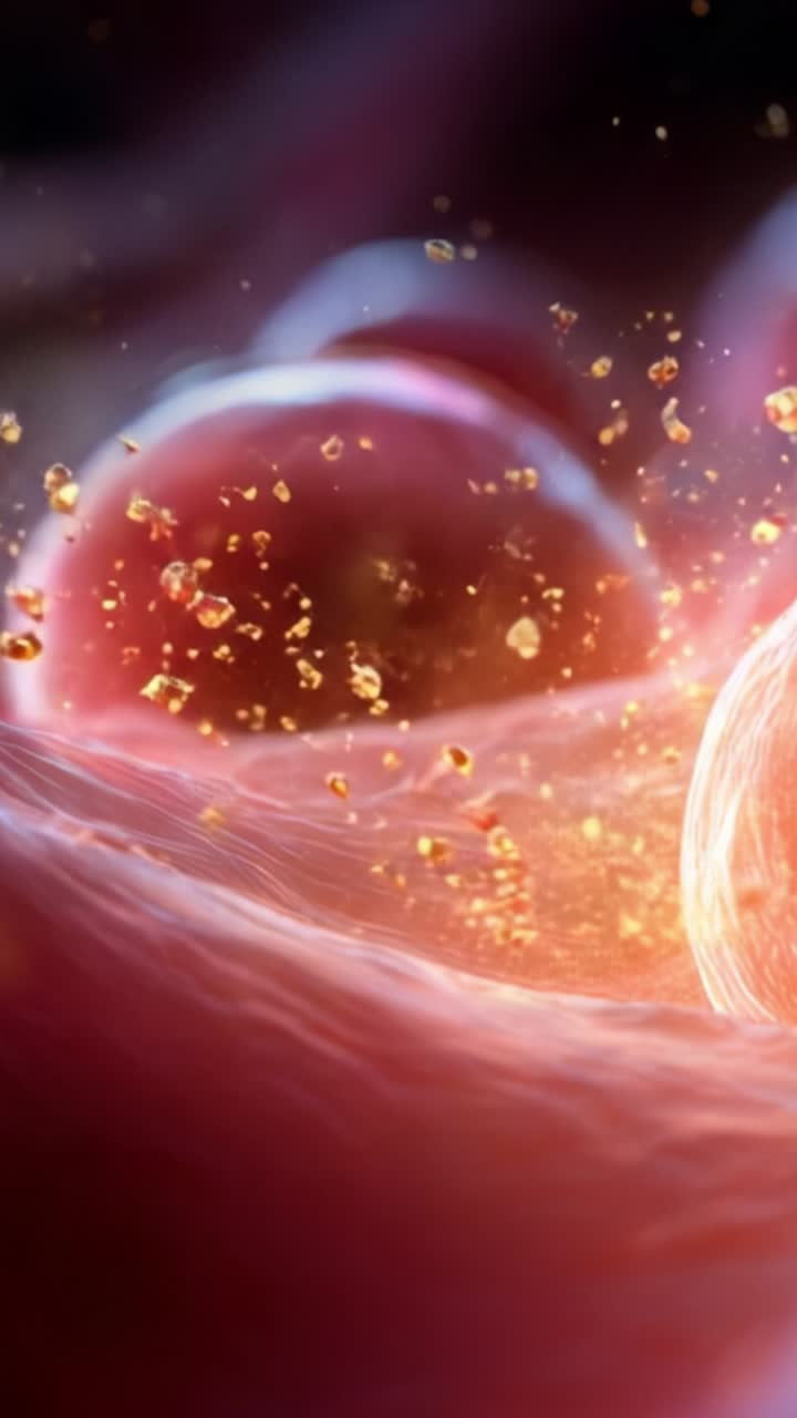 Rappresentazione astratta di strutture cellulari con bolle e particelle, che mostra dettagli intricati e colori vivaci a livello microscopico, raffigurante interazioni dinamiche