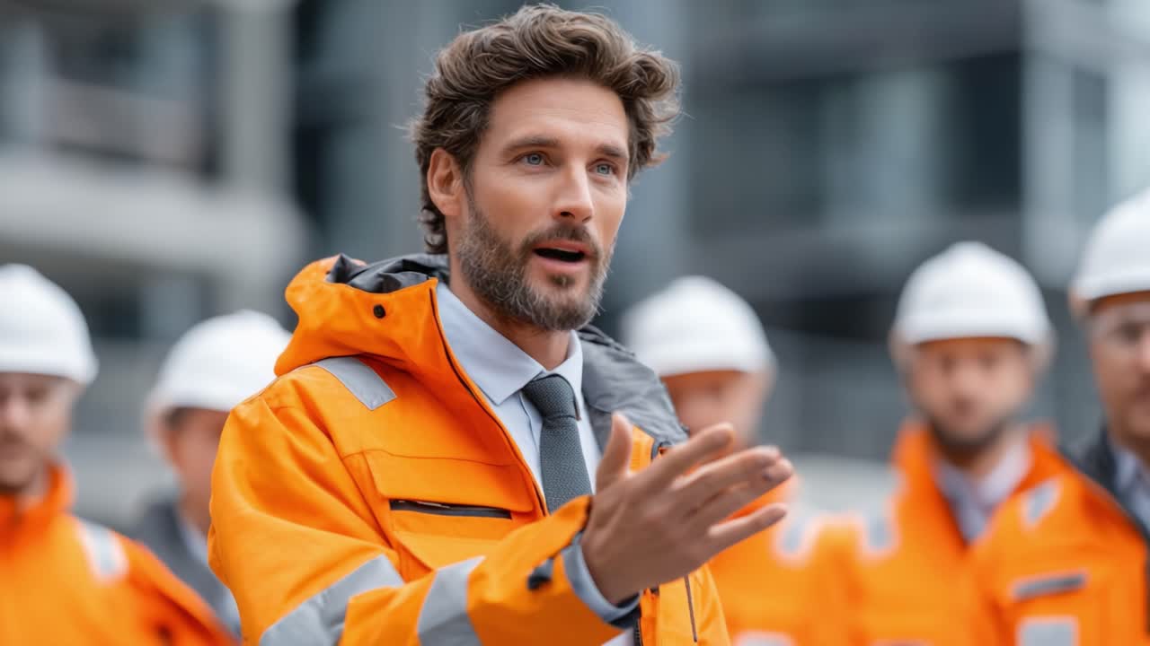 A Confident Leader Engages with His Team in Safety Gear During a Construction Site Briefing, Emphasizing Critical Procedures and Teamwork for Optimal Performance