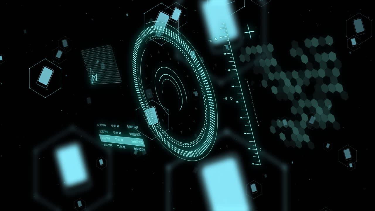 Animation of data processing over dark background