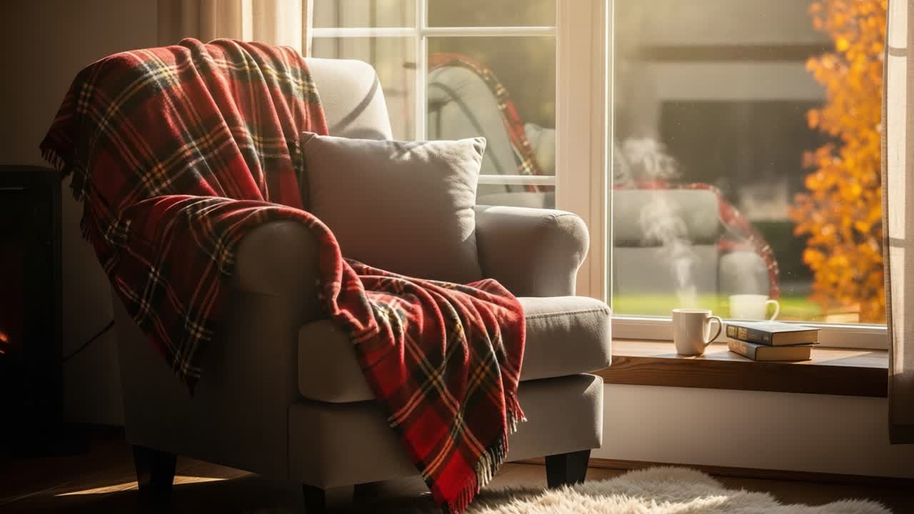 Cozy Corner with a Plush Chair, Warm Blanket, and Morning Light Inviting Relaxation and Comfort in an Inviting Living Space