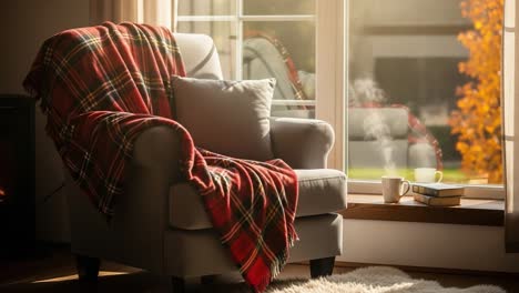 cozy corner with a plush chair, warm blanket, and morning light inviting relaxation and comfort in an inviting living space
