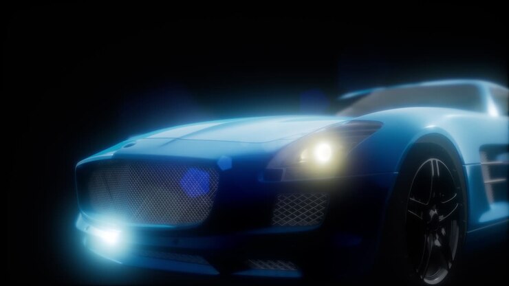 auto sportiva di lusso in uno studio buio con luci brillanti
