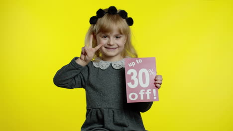 Child-girl-showing-Up-To-30-percent-Off-inscription,-rejoicing-discounts-for-online-shopping-sales