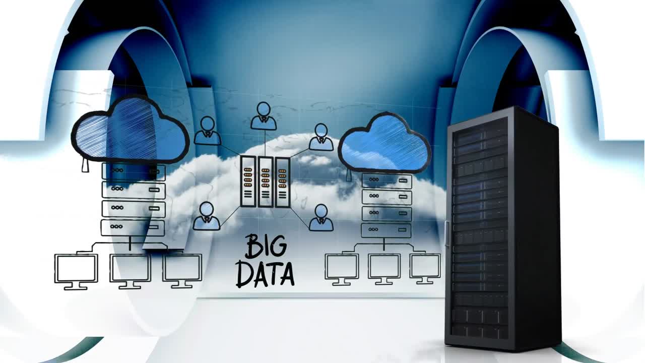 Server tower and an illustration of cloud storage