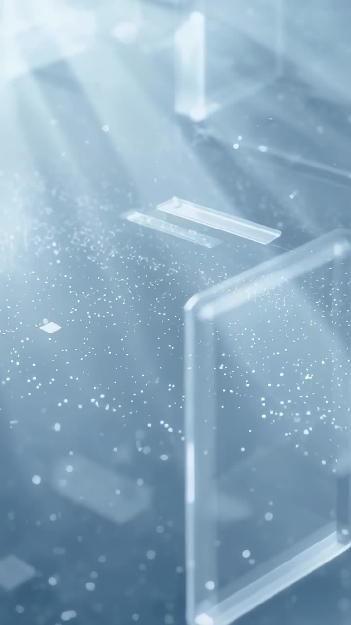 Video verticale: luce pulsante che spinge un vetro inclinandolo e facendolo spostare nello spazio blu, spazio per il testo