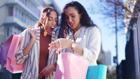 happy woman, friends and walking with shopping bag