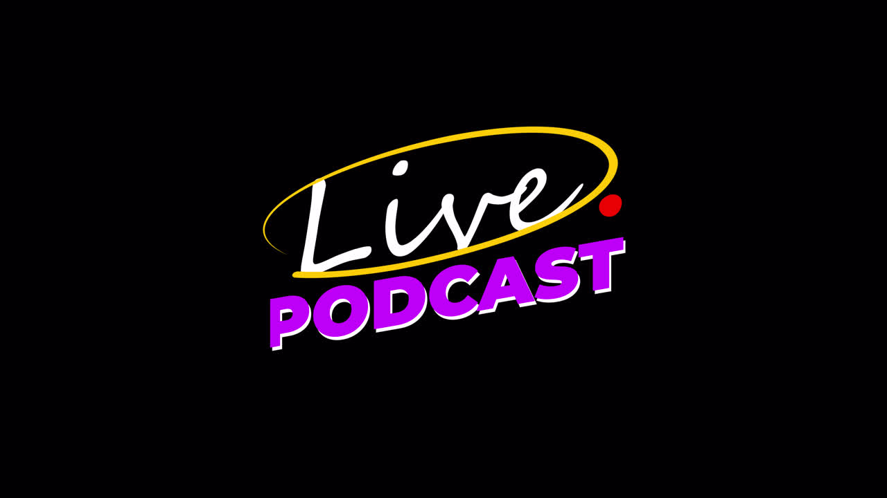 Animeret Live Podcast Tekst med Gul Oval på Sort Baggrund