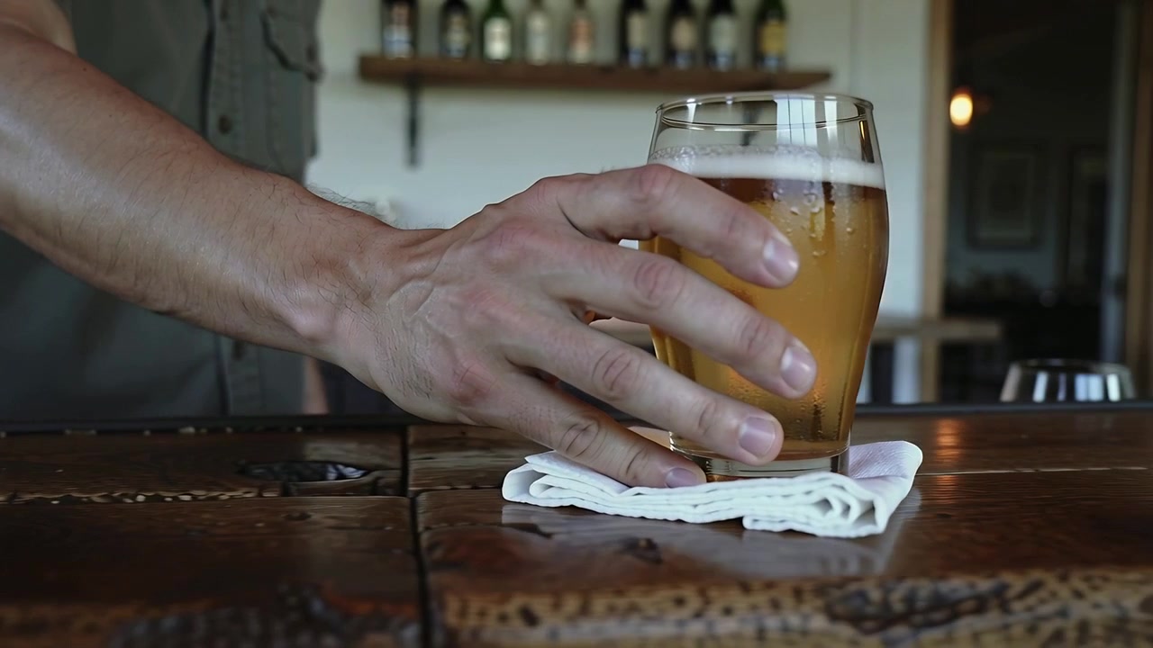 Mano destra del cameriere che si allunga per stabilizzare e far scivolare un bicchiere di birra su un panno al bancone per il ritiro, camicia dai toni tenui