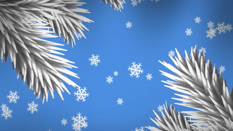 ramas blancas de árbol de navidad y iconos de copos de nieve cayendo contra un fondo azul