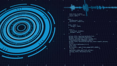 Animation-of-loading-circles,-soundwave-and-computer-language-over-black-background