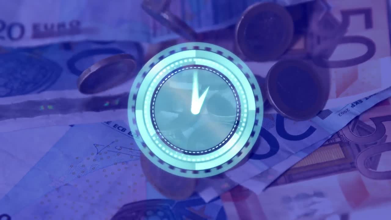 animación digital de un reloj luminoso que hace tictac frente a los centavos que caen en los billetes de euro