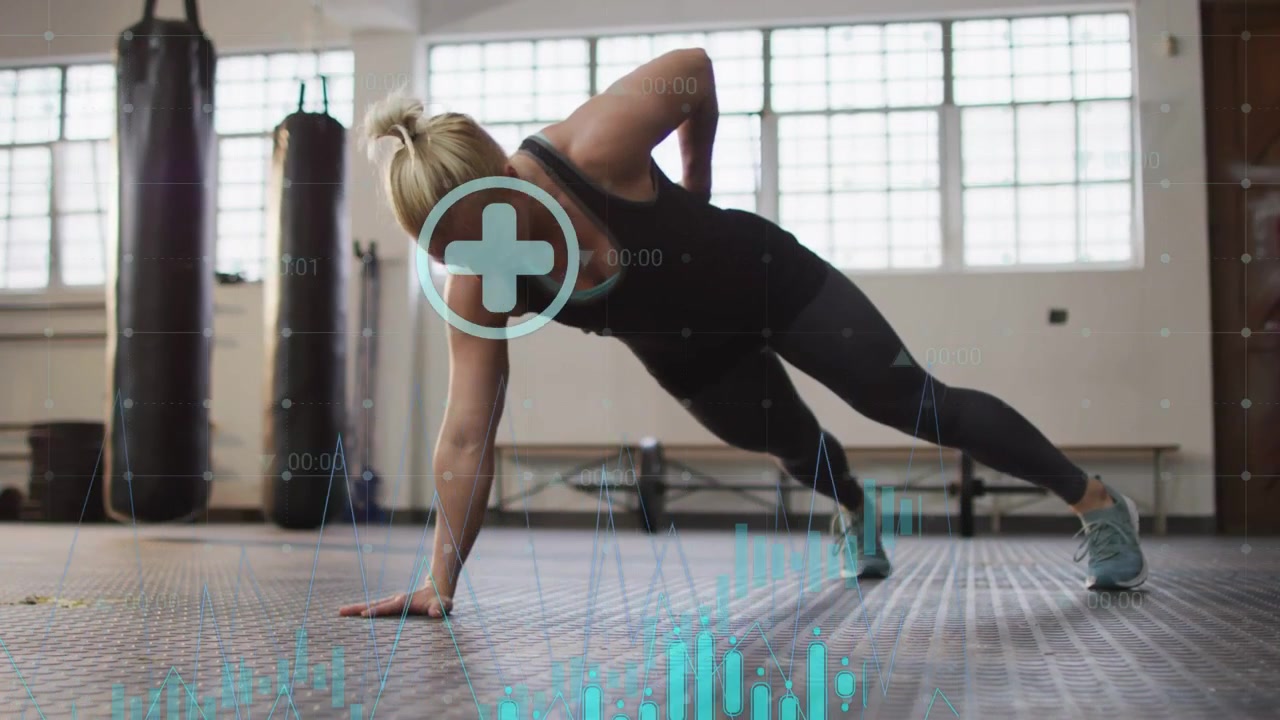 Woman starting on right hand, rotating 1-arm plank, teal waveform syncing for fitness core strength