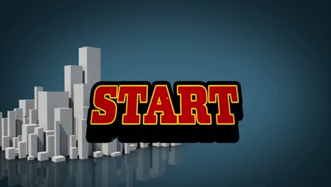 animation of red text start, over explosion and cityscape