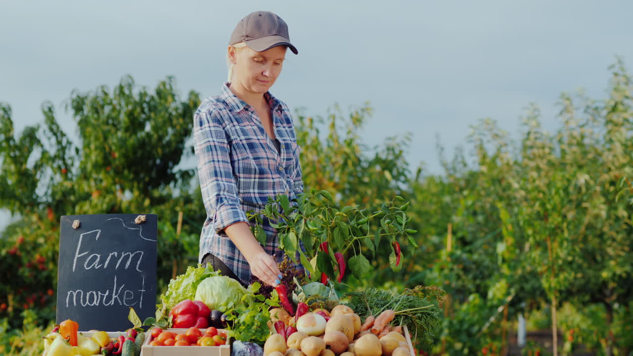 el vendedor en el mercado de agricultores arranca pimienta fresca de una rama y la pone en el mostrador de la granja cinco