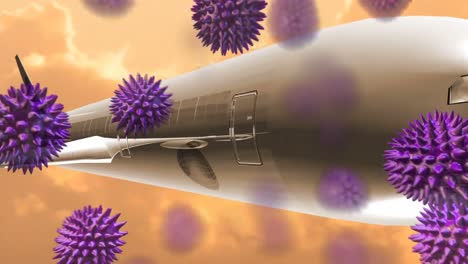 Animation-Von-Makro-Coronavirus-Covid-19-Zellen,-Die-Sich-über-Ein-Flugzeug-Ausbreiten,-Das-In-Einem-Orangefarbenen-Sonnenuntergangshimmel-Fliegt