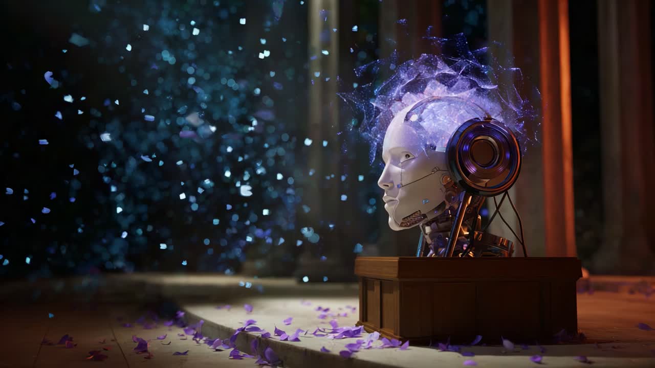 Rappresentazione artistica di una testa di robot futuristico circondata da particelle luminose, che simboleggia la tecnologia avanzata e il rapporto tra l'umanità e le macchine