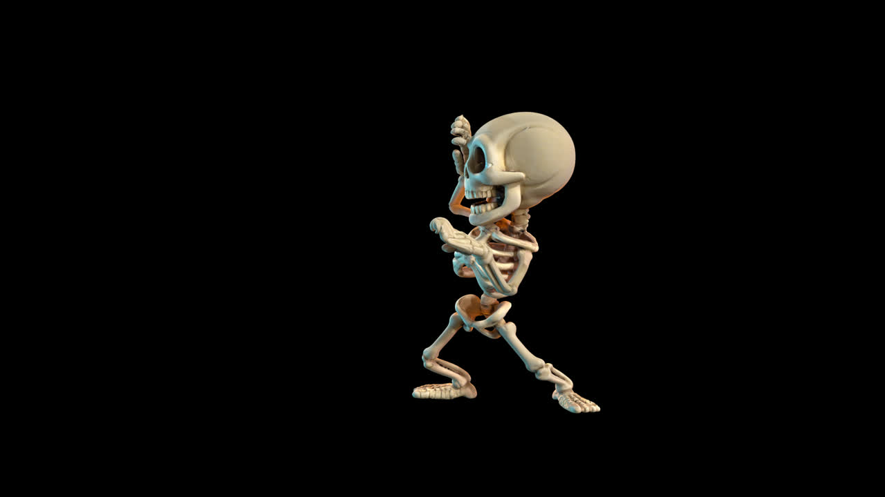Funny Cartoon Skeleton Character Dancing on Black Background