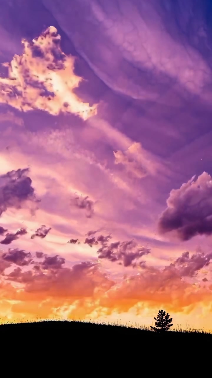 Time-Lapse of Vibrant Sunset Sky with Moving Clouds and Silhouette Tree