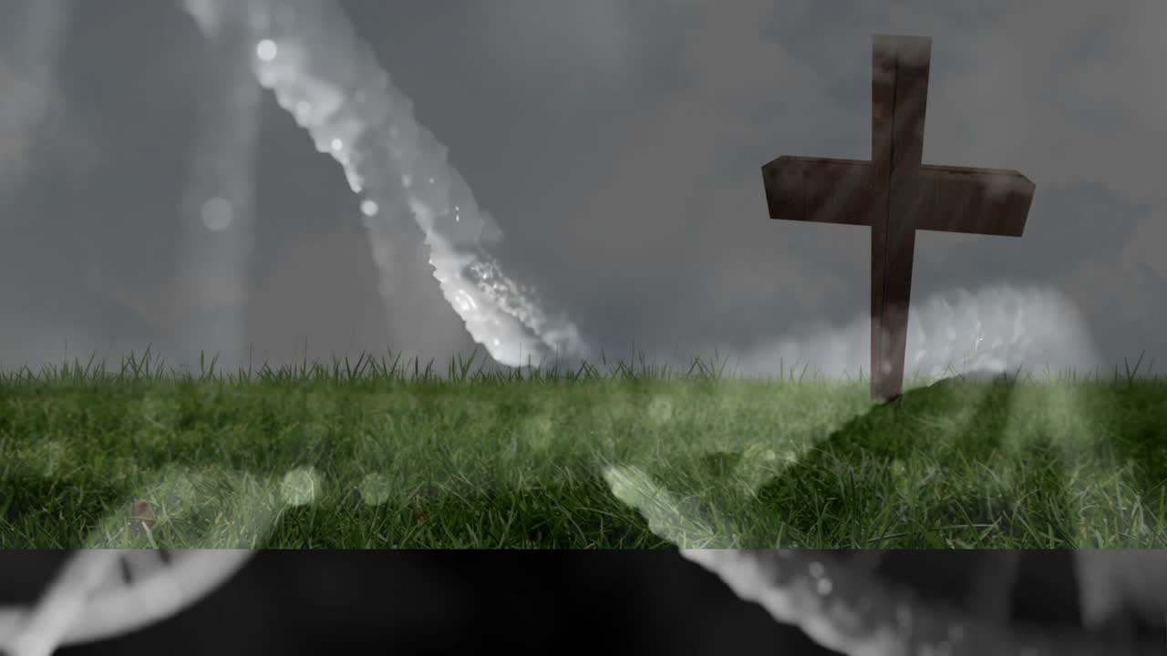 Cross in grassy field with animation of abstract white streaks in foreground